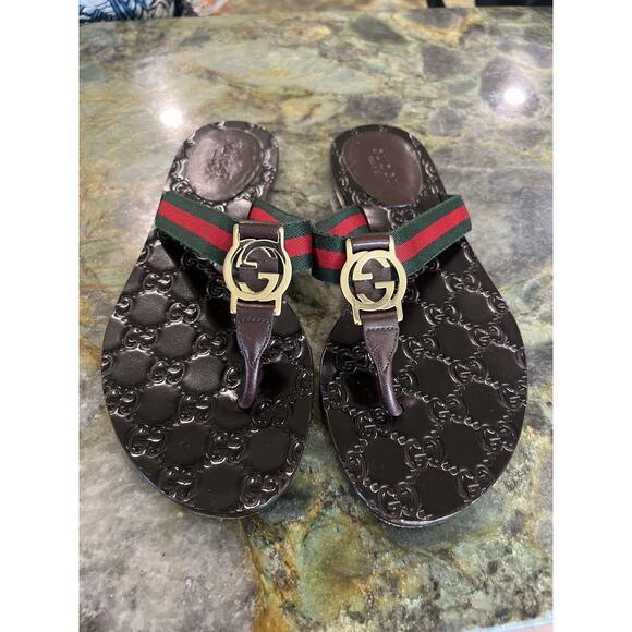 Gucci GG Web Stripe Logo thong Sandals Flip Flops guccissima size 36 - Picture 2 of 9